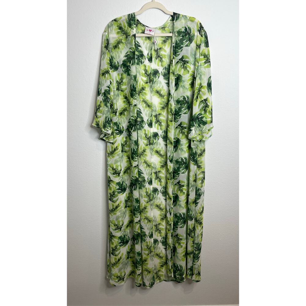 Buddy Love Green Tropical Leaf Long Duster Kimono M/L Sheer Boho Preppy - Picture 2 of 7